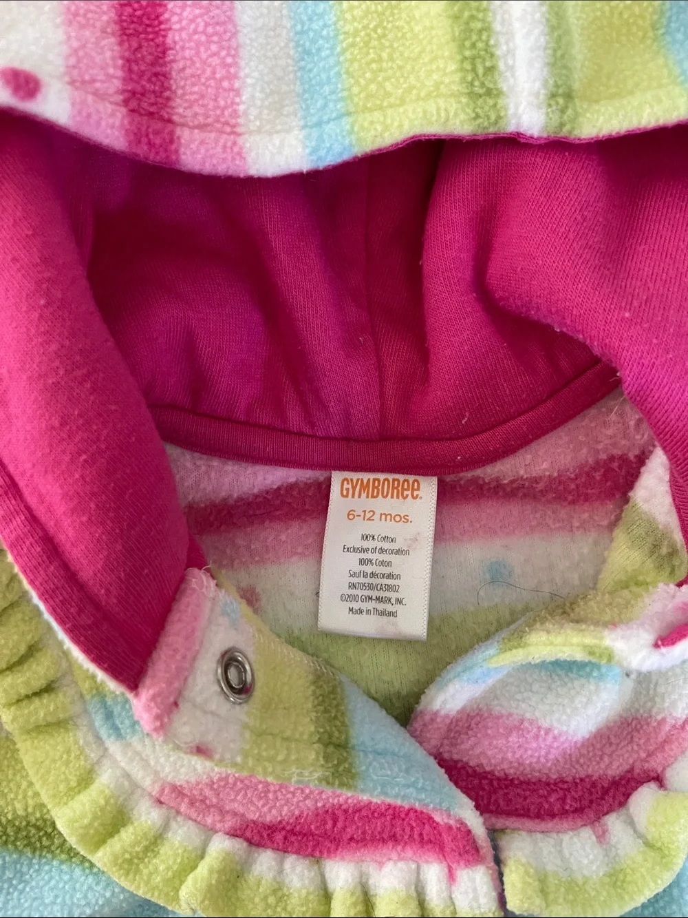 Vintage Gymboree Girls' Striped Hooded Fleece Jacket - Pink & Green Sz 6/12M